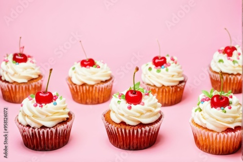 Six Cherry Topped Cupcakes on Pink Background