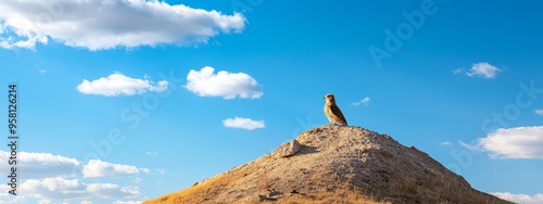 a bird perched on a raised mound of dirt amidst a backdrop of expansive blue sky, dotted with vol photo