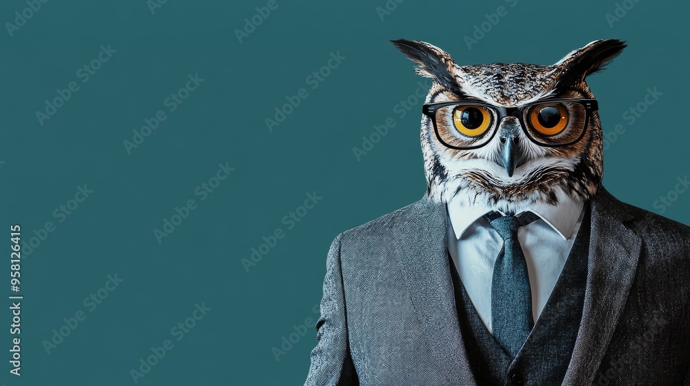 Fashionable owl with glasses and suit on blue background. A humorous and creative image of an owl with a suit, tie, and yellow glasses on a blue background. Fashionable owl with glasses and suit on blue background. A humorous and creative image of an owl with a suit, tie, and yellow glasses on a blue background.