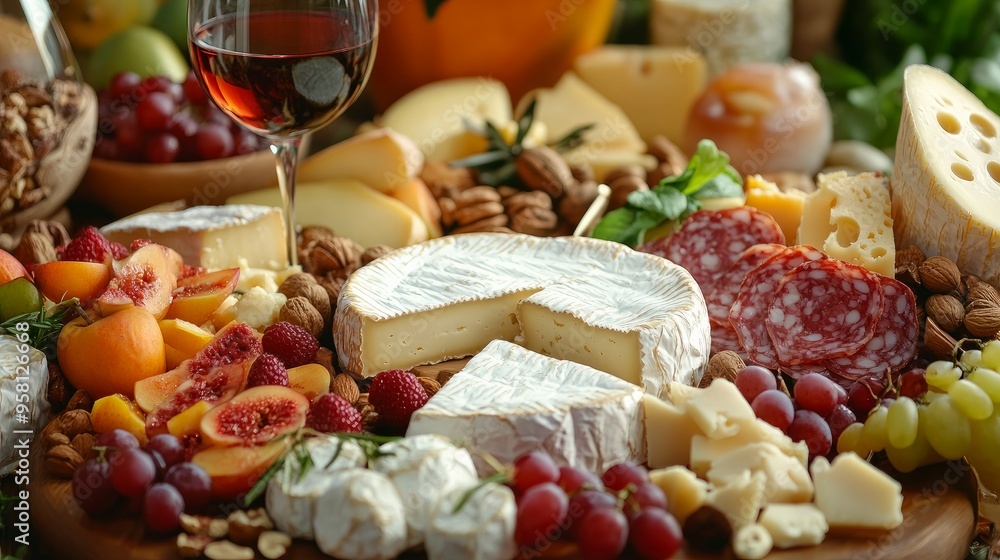 appetizer bar. Cheese assortment board accompanied by wine, almonds, and tropical fruits. Table for a family celebration. distinct fruits and cheeses.
appetizer bar. Cheese assortment board accompanied by wine, almonds, and tropical fruits. Table for a family celebration. distinct fruits and cheeses.
