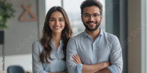 Happy Young Couple Standing in Office with Arms Crossed and Smil photo