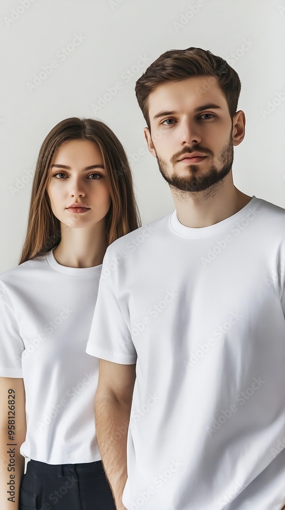 Minimalist fashion: A man and woman in matching white t-shirts posing against a plain background, showcasing simple style Minimalist fashion: A man and woman in matching white t-shirts posing against a plain background, showcasing simple style