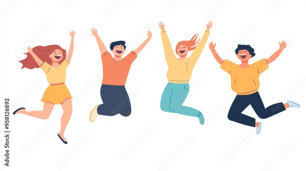 A jumping pose, individuals with joyful expressions, four modern people posing in mid-air, minimalism A jumping pose, individuals with joyful expressions, four modern people posing in mid-air, minimalism