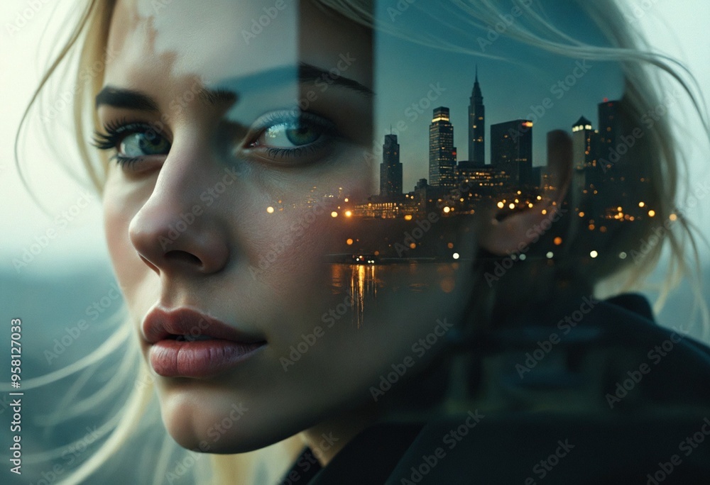 A double exposure of a cityscape with a close-up of a person's face A double exposure of a cityscape with a close-up of a person's face