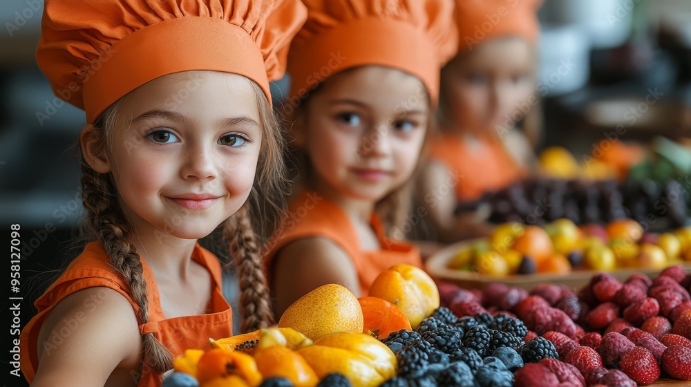 Little girls in orange chef uniforms cheerfully mixing ingredients in a large bowl while standing on stools in the kitchen Little girls in orange chef uniforms cheerfully mixing ingredients in a large bowl while standing on stools in the kitchen