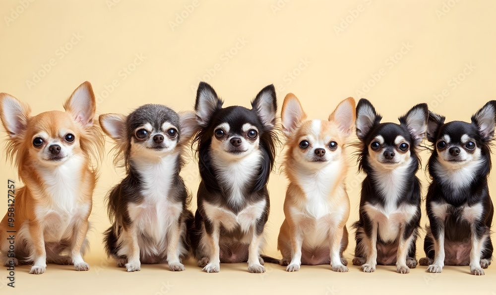A Magazine Style Collection of Worldwide Chihuahua Breeds Posed Against a Pale Yellow Background A Magazine Style Collection of Worldwide Chihuahua Breeds Posed Against a Pale Yellow Background