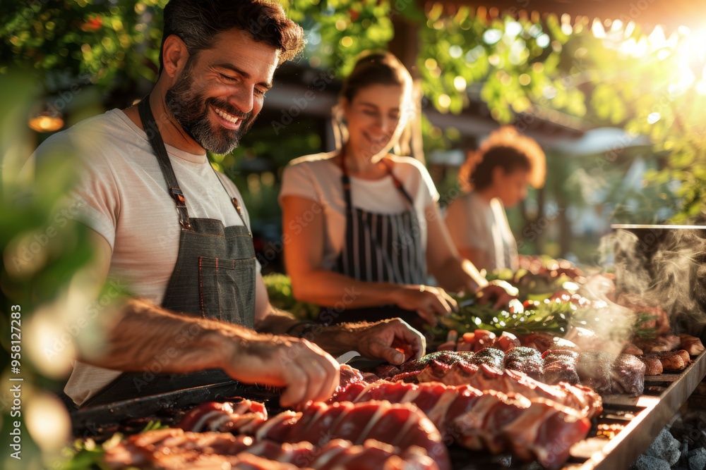 People with smiling faces grilling meat on a barbecue in the outdoor. Selectively focused People with smiling faces grilling meat on a barbecue in the outdoor. Selectively focused