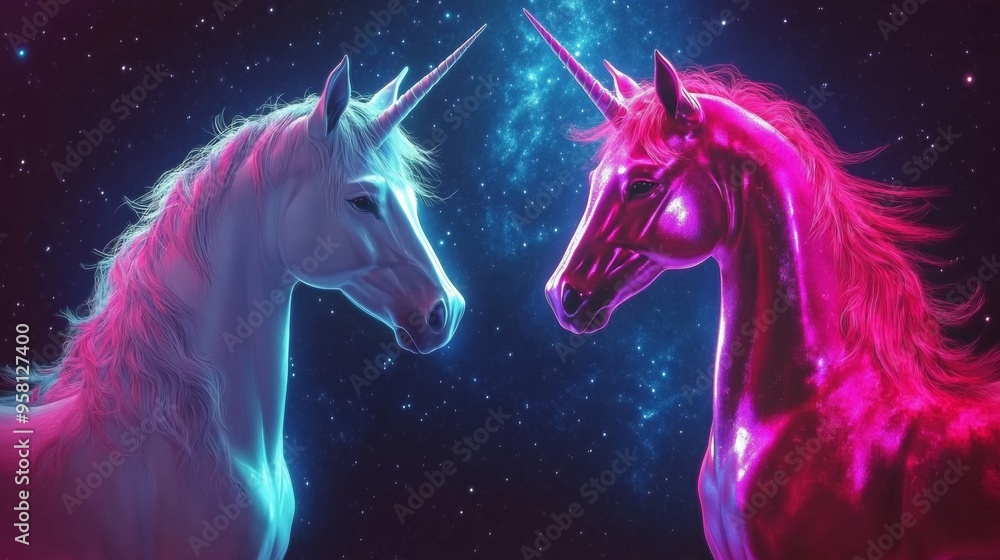 A unicorn with a rainbow mane, stars sparkling in a fantastical night sky, creating an enchanting atmosphere A unicorn with a rainbow mane, stars sparkling in a fantastical night sky, creating an enchanting atmosphere