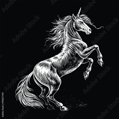 hand drawn unicorn engraving black and white drawing