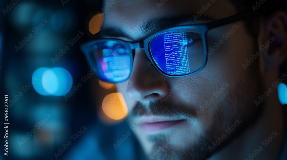 A young man focused on coding at his desk with colorful lights reflected in his glasses during late-night sessions A young man focused on coding at his desk with colorful lights reflected in his glasses during late-night sessions