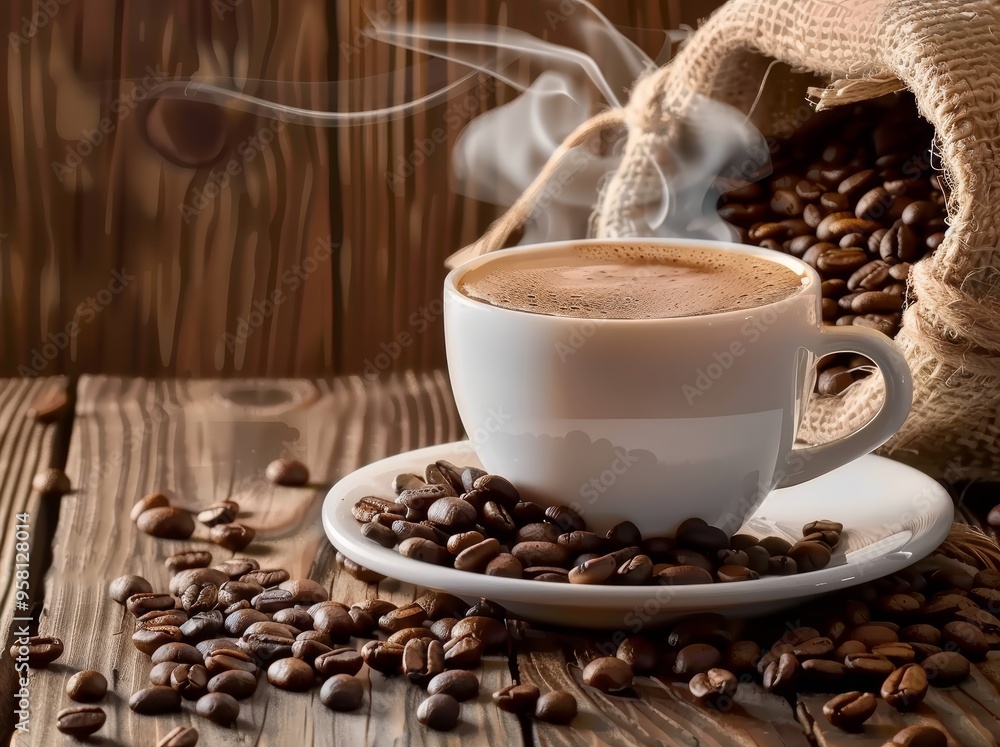 taza de café sobre mesa rústica y granos de café taza de café sobre mesa rústica y granos de café