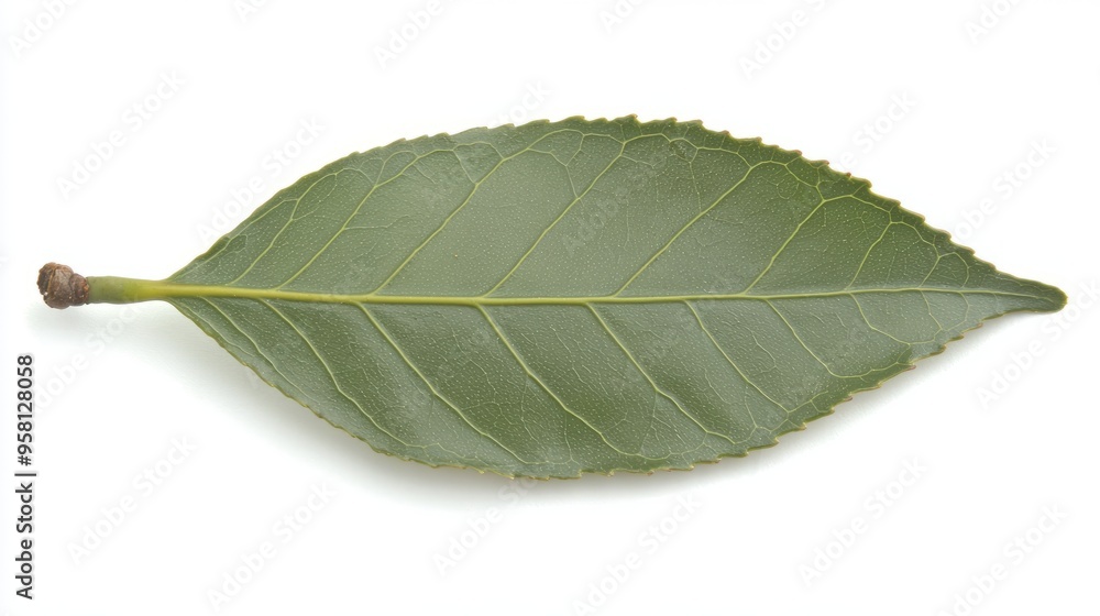 Obraz premium A camellia leaf, small, dark green, and glossy with a finely serrated edge
