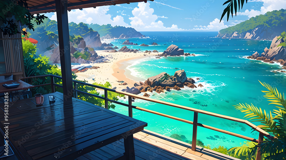 Obraz premium Tropical beach restaurant on a sunny day. 3d rendering is generated by AI