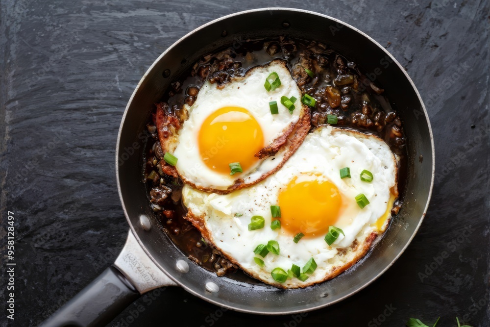 Two Fried Eggs with Crispy Bacon and Greens in a Skillet Two Fried Eggs with Crispy Bacon and Greens in a Skillet