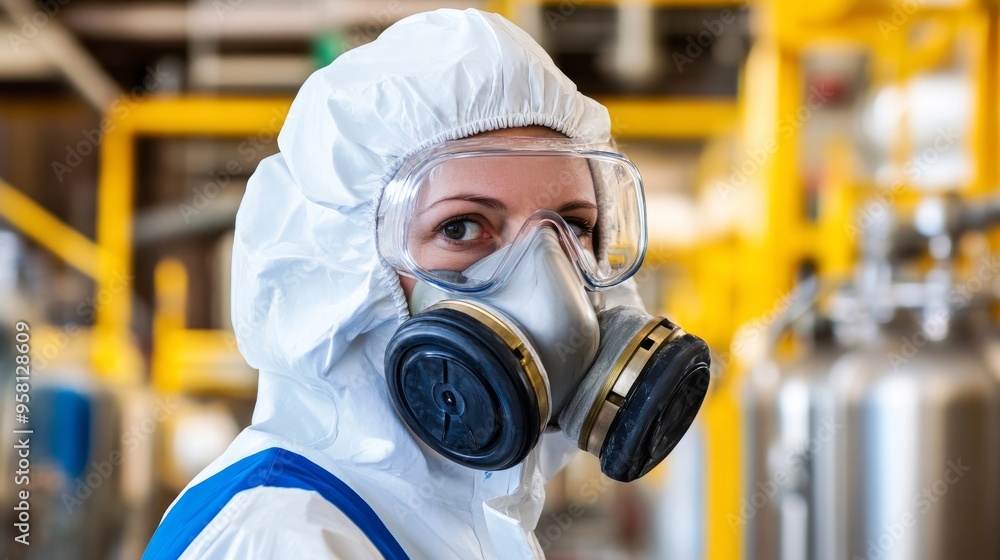 Photograph of a chemical plant worker in a hazmat suit, handling large valves amidst complex piping systems, Chemical plant scene Photograph of a chemical plant worker in a hazmat suit, handling large valves amidst complex piping systems, Chemical plant scene