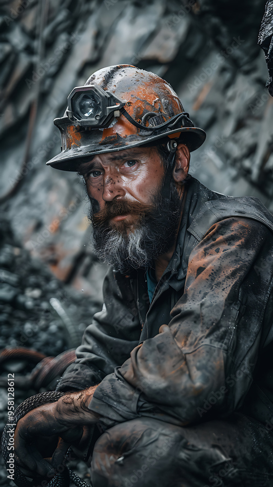 Resilient Miner in Hardhat Glowering in Unrefined Underground Tunnel Resilient Miner in Hardhat Glowering in Unrefined Underground Tunnel