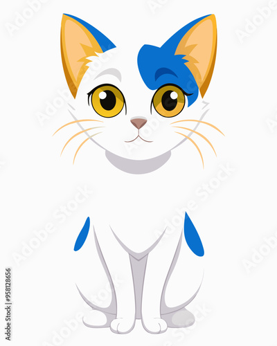 A white Khao-many shorthair cat looking at the camera isolated on a white background. vector illustration