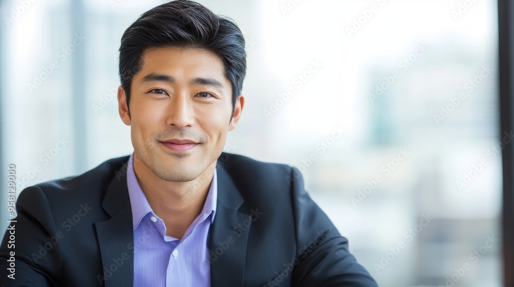 A confident Asian businessman in blue suit is pictured smiling with a view of the city skyline