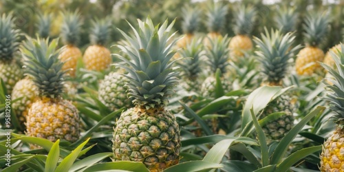 Densely Packed Pineapple Field with Rows of Tall Green Plants Fa