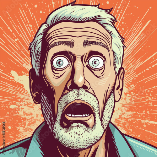 Face of an admiring or surprised old man. Retro pop art comic style. Vector illustration.