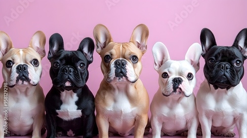 Diverse Collection of Adorable French Bulldog Puppies Posing on Soft Lilac Background photo