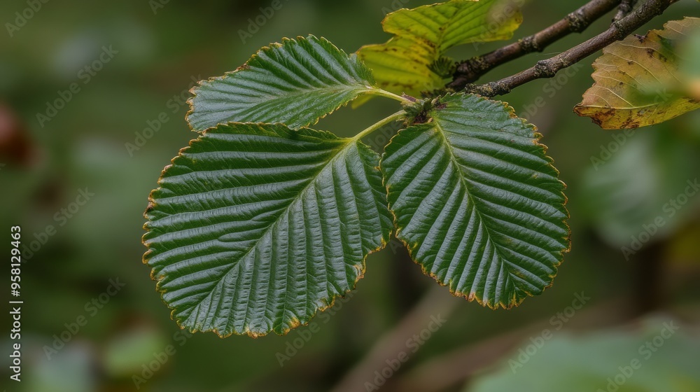 A hornbeam leaf, oval with sharply serrated edges, turning from green to yellow A hornbeam leaf, oval with sharply serrated edges, turning from green to yellow