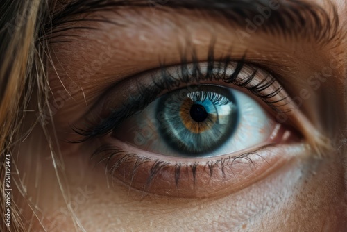 Close-up of a Human Eye with Blue Iris and Long Eyelashes