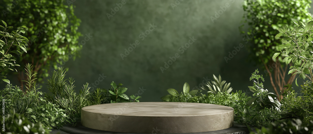 A serene nature-inspired backdrop featuring a stone platform surrounded by lush greenery and trees, perfect for presentations or displays. A serene nature-inspired backdrop featuring a stone platform surrounded by lush greenery and trees, perfect for presentations or displays.