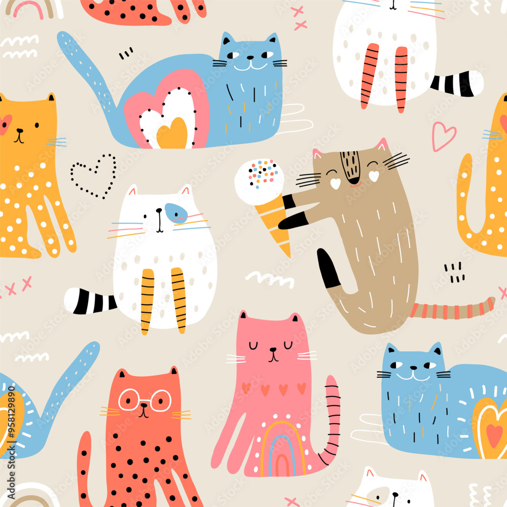 Cartoon seamless pattern with colorful cats. Kittens with ice cream, hearts. Childish texture for fabric, textile, apparel, wallpaper. Vector illustration Cartoon seamless pattern with colorful cats. Kittens with ice cream, hearts. Childish texture for fabric, textile, apparel, wallpaper. Vector illustration