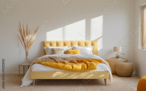 Modern luxurious bedroom with large window, yellow tufted bed as photo