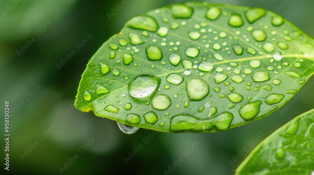 Morning dew on a vibrant green leaf, a single water droplet glistening, embodying tranquility and the essence of freshness in nature. Morning dew on a vibrant green leaf, a single water droplet glistening, embodying tranquility and the essence of freshness in nature.