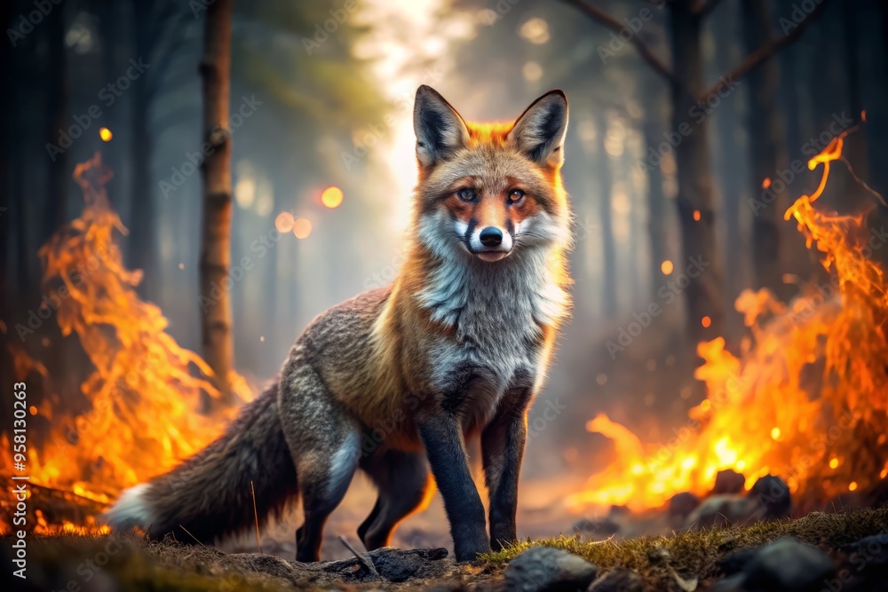Fototapeta premium A photo image of a majestic fox with embers for fur and flames for whiskers, standing amidst a fierce forest fire