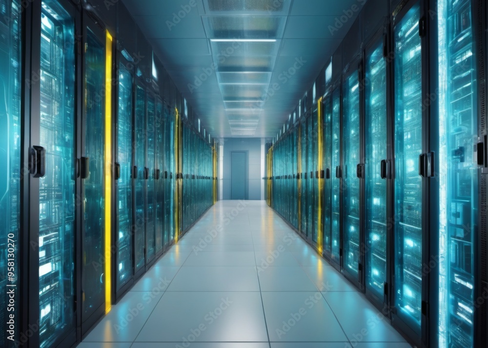 Data center corridor with rows of uniquely designed servers, cre Data center corridor with rows of uniquely designed servers, cre