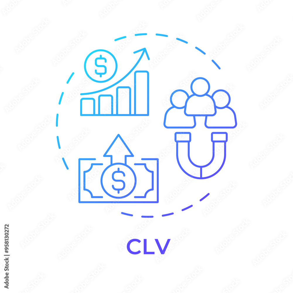 CLV blue gradient concept icon. Customer value, sales statistics. Profitability metrics. Round shape line illustration. Abstract idea. Graphic design. Easy to use in infographic, presentation CLV blue gradient concept icon. Customer value, sales statistics. Profitability metrics. Round shape line illustration. Abstract idea. Graphic design. Easy to use in infographic, presentation