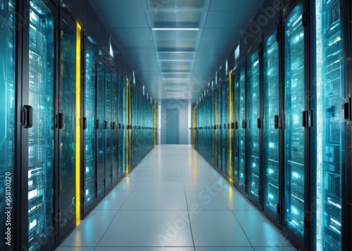 Data center corridor with rows of uniquely designed servers, cre photo