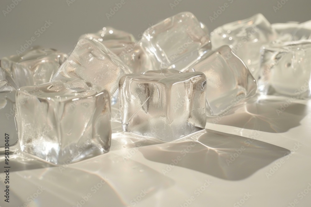 Ice cubes are melting on a white surface, casting long shadows Ice cubes are melting on a white surface, casting long shadows