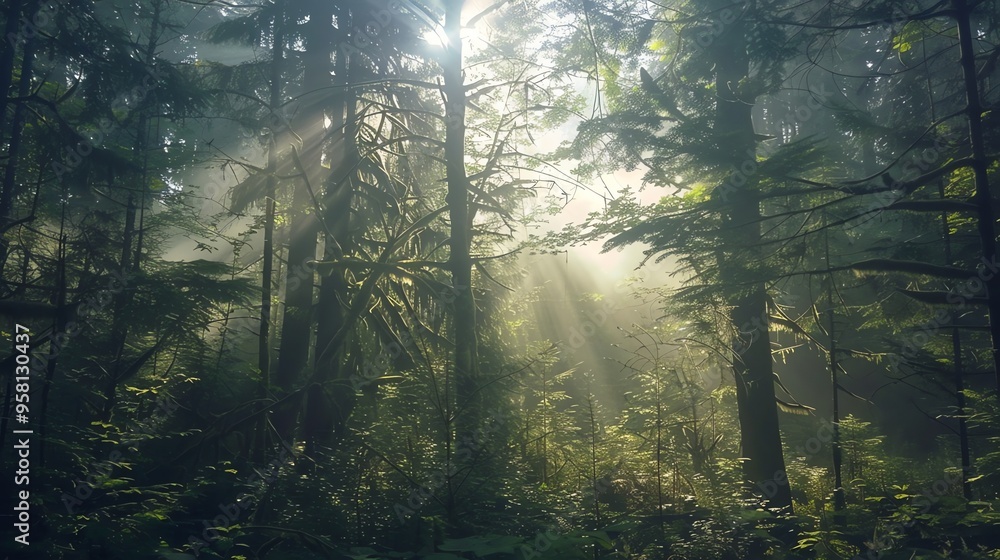 Fototapeta premium Sunlight streams through a lush forest.