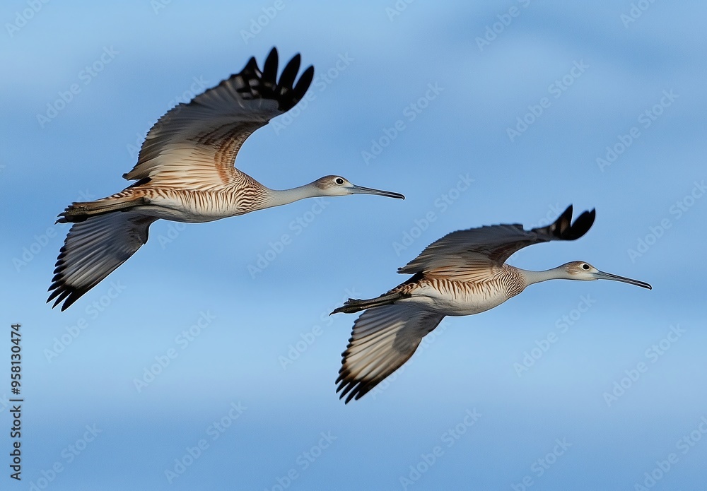 Fototapeta premium A Beautiful Pair of Birds Soaring Gracefully Across the Sky