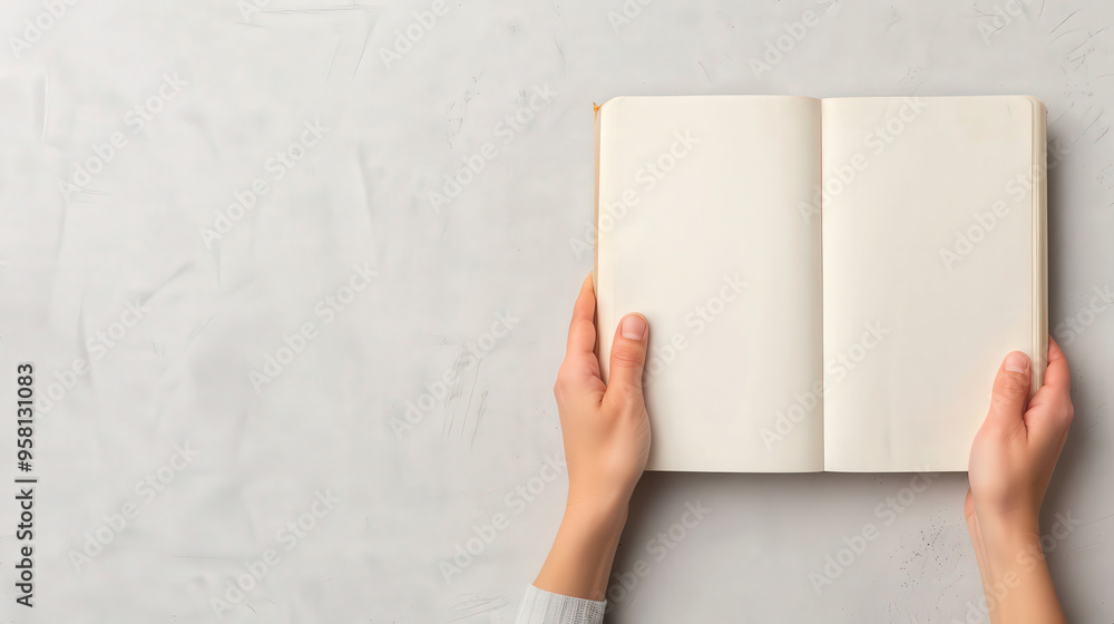 Obraz premium Empty book held in hand, inviting creativity and imagination, perfect for notes, sketches or personal reflections, symbolizing potential and new beginnings.