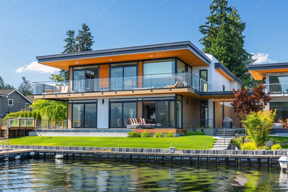 Elegant Modern Lakefront House with Expansive Glass Walls and a Pier Elegant Modern Lakefront House with Expansive Glass Walls and a Pier