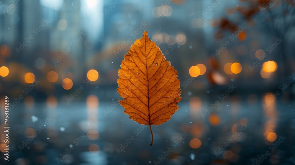 a single leaf, suspended in mid-air, caught in a gentle breeze against a blurred background of a bustling city. The leaf should appear almost frozen, a moment of tranquility amidst the chaos of motion a single leaf, suspended in mid-air, caught in a gentle breeze against a blurred background of a bustling city. The leaf should appear almost frozen, a moment of tranquility amidst the chaos of motion