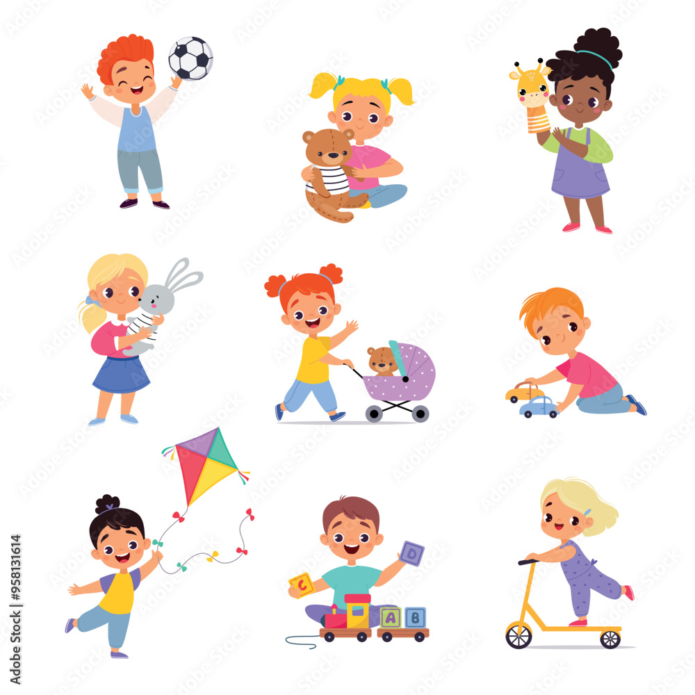 Kids Toys with Little Boy and Girl Playing Vector Set Kids Toys with Little Boy and Girl Playing Vector Set