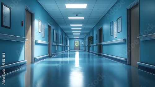 Wallpaper Mural A bright and clean hospital corridor showcasing a peaceful atmosphere with blue walls and polished floors. Torontodigital.ca