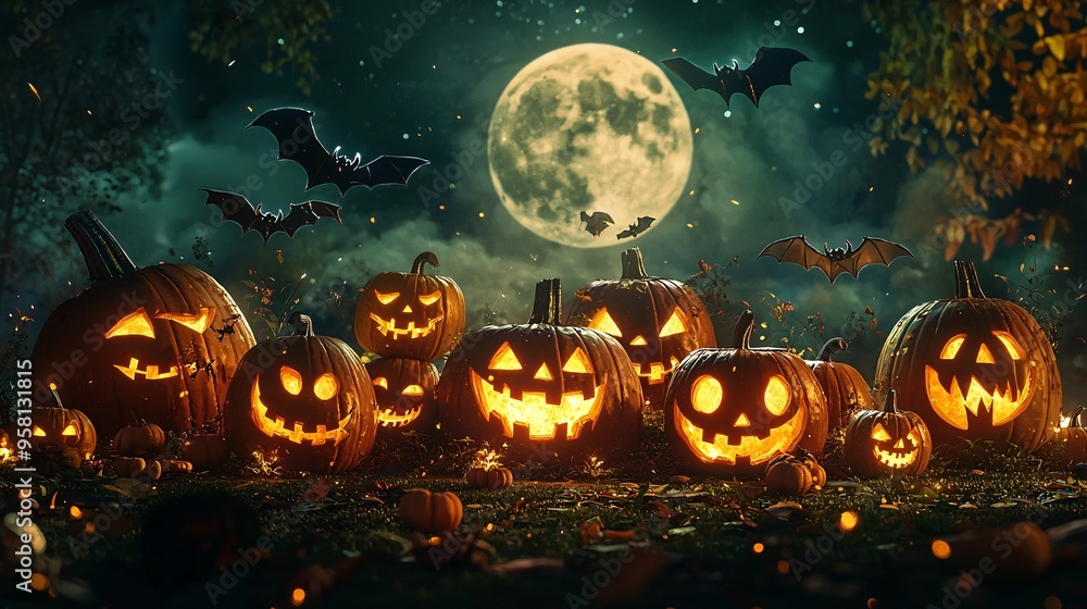 Illuminated Pumpkins with Unique Carvings in Spooky Scene Under Full Moon and Bats Keywor Illuminated Pumpkins with Unique Carvings in Spooky Scene Under Full Moon and Bats Keywor