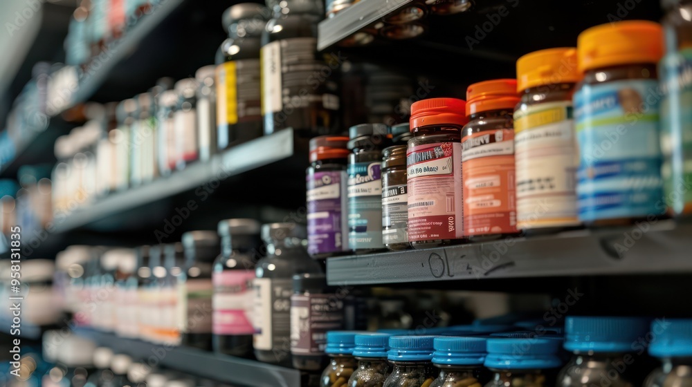 Close-up of Supplement Bottles on Shelves. Close-up of Supplement Bottles on Shelves.