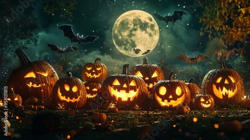 Illuminated Pumpkins with Unique Carvings in Spooky Scene Under Full Moon and Bats Keywor photo