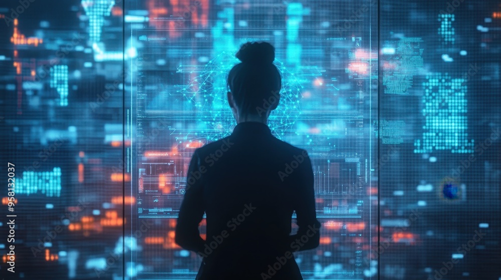 Silhouette of a Person Overlooking a Futuristic City Skyline Silhouette of a Person Overlooking a Futuristic City Skyline