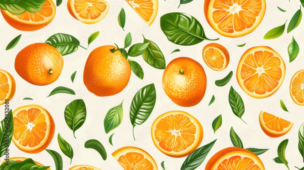 Playful oranges and leaves seamless pattern on a white background. Perfect for cheerful, citrus-inspired designs and lively branding. Playful oranges and leaves seamless pattern on a white background. Perfect for cheerful, citrus-inspired designs and lively branding.