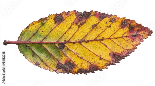 A single alder leaf, broadly ovate with serrated edges, turning to yellow-green