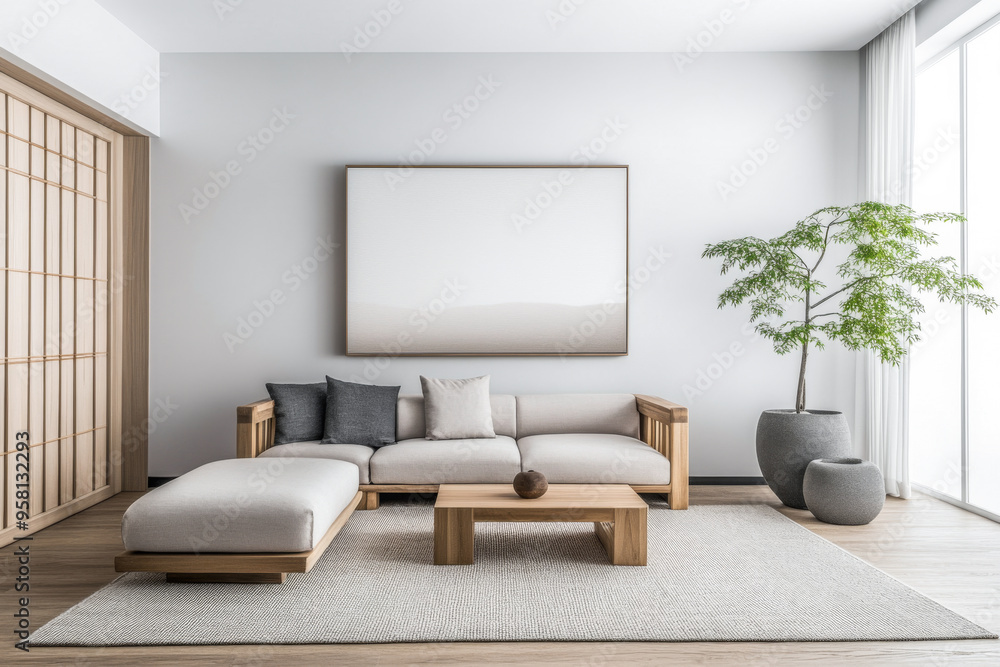 Fototapeta premium Minimalist living room interiors with elegant furniture and wood accents. Real Estate interior design composition in neutral tones.
